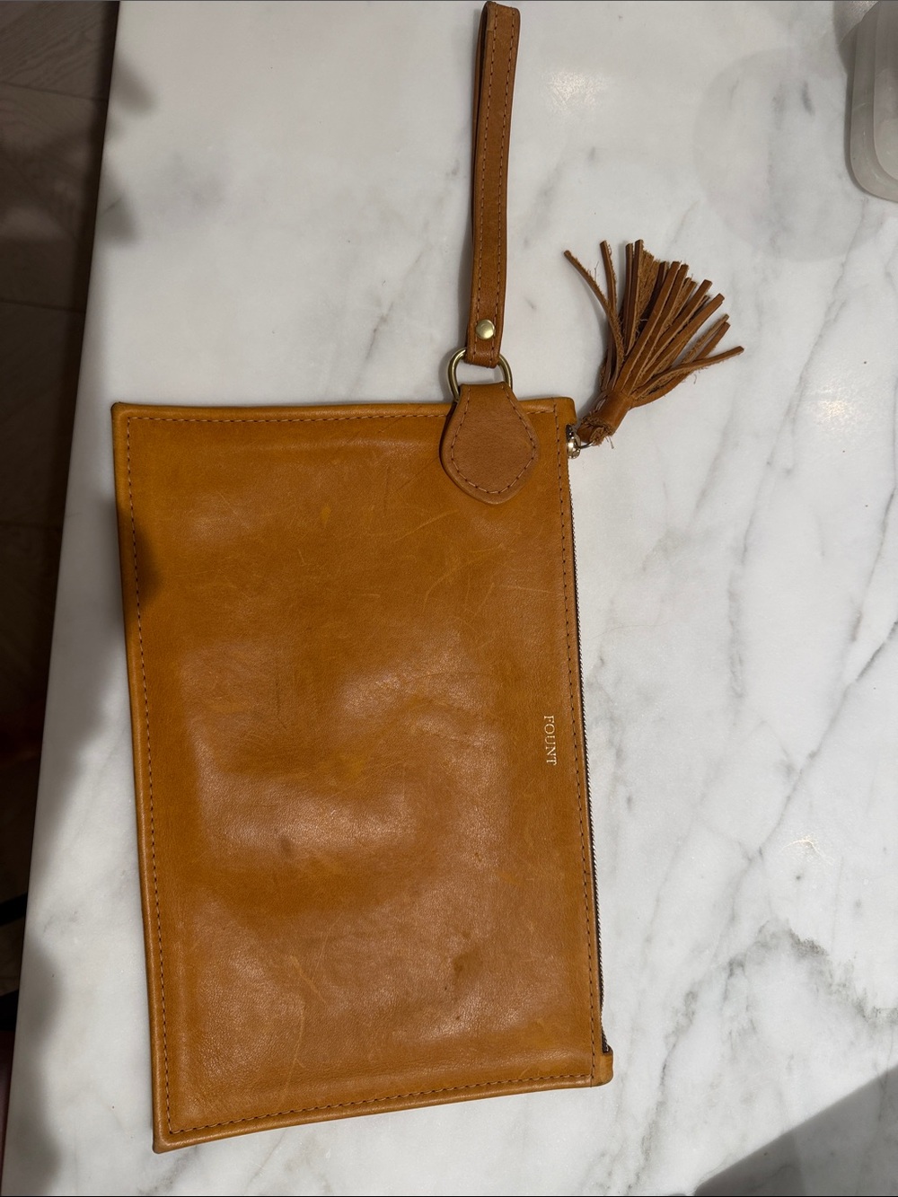 Fount, Genuine Leather Wristlet Clutch in Tan